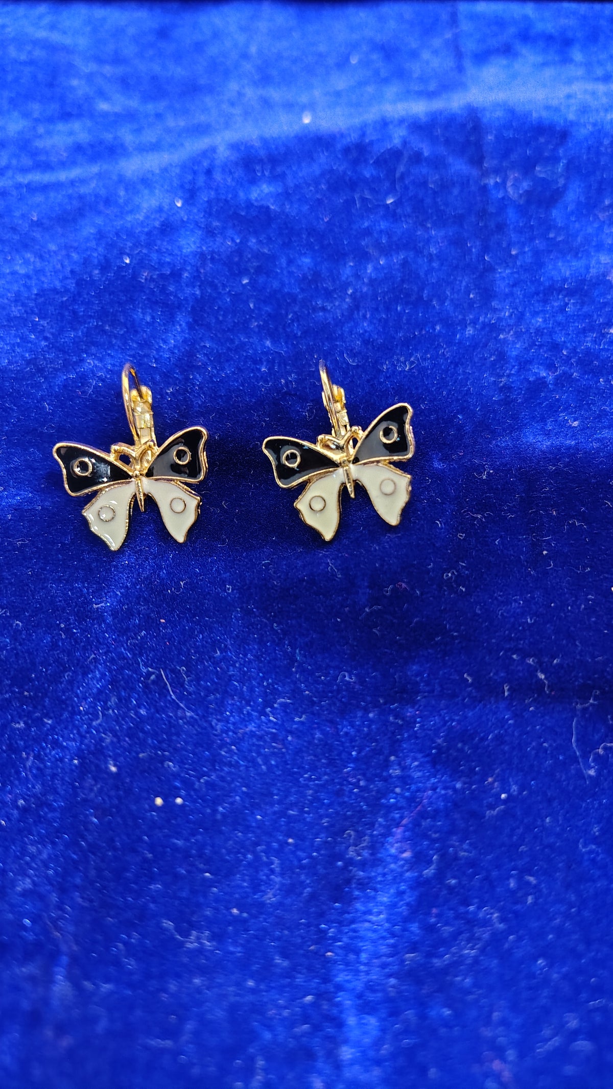 Black White Enamel Butterfly Hoop Drop Earrings - Side View