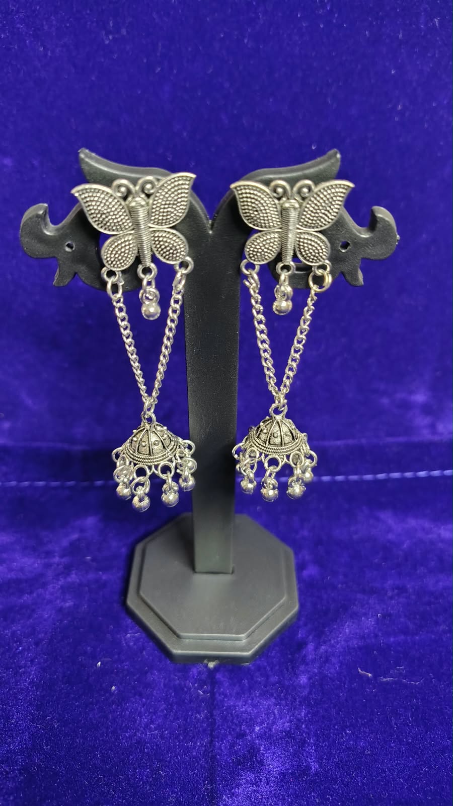 Oxidized Butterfly Chain Jhumka Drop Earrings - Side View