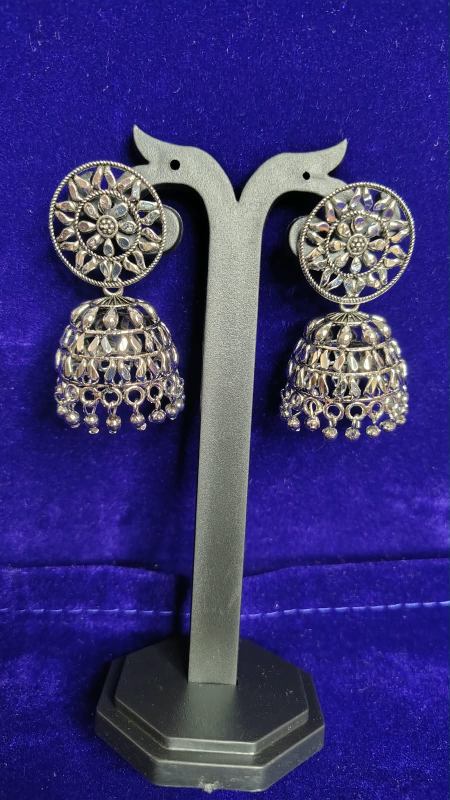 Oxidized Round Filigree Big Jhumka Earrings - Angle View