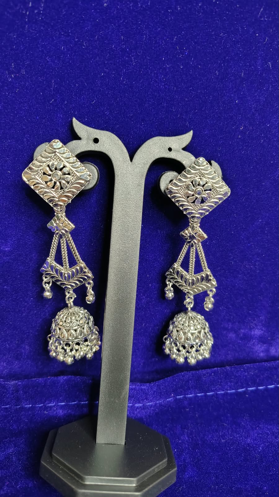 Oxidized Square Floral Jhumka Earrings - Angle View