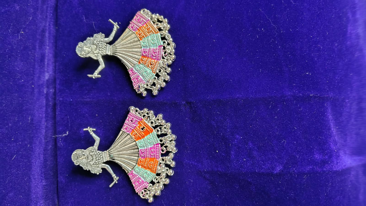 Dandiya Dancer Oxidized Earrings pair showing back detail and ghungroo drops