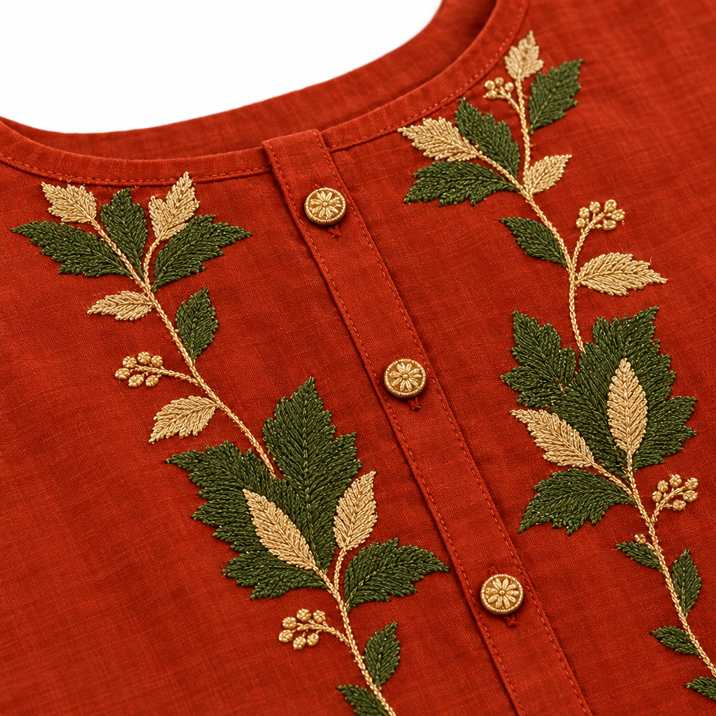 Mull Chanderi Rust Embroidery Detail