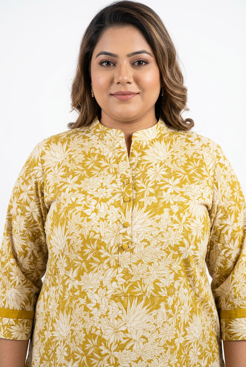 Neck Detail View - Yellow Floral Coord Set Plus Size 6XL