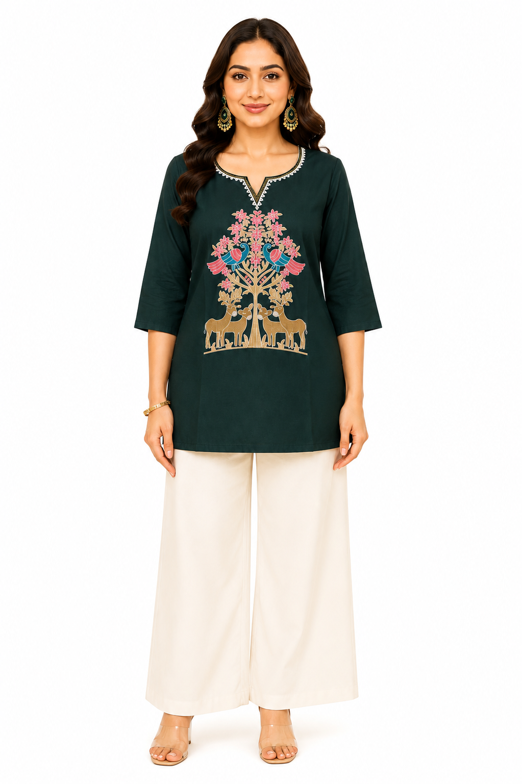 Bottle Green Short Kurti - Front View