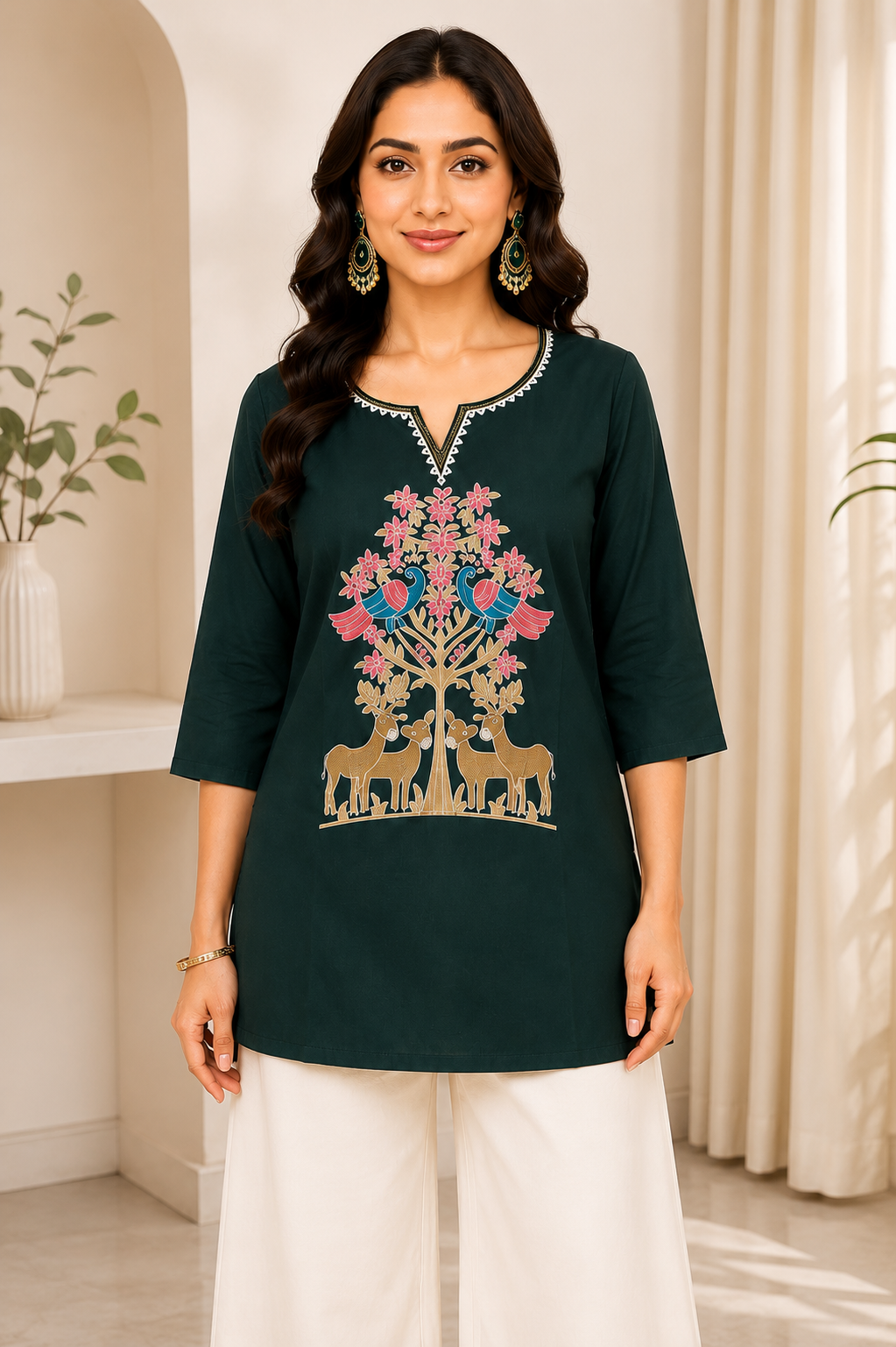 Bottle Green Short Kurti - Embroidery Pattern