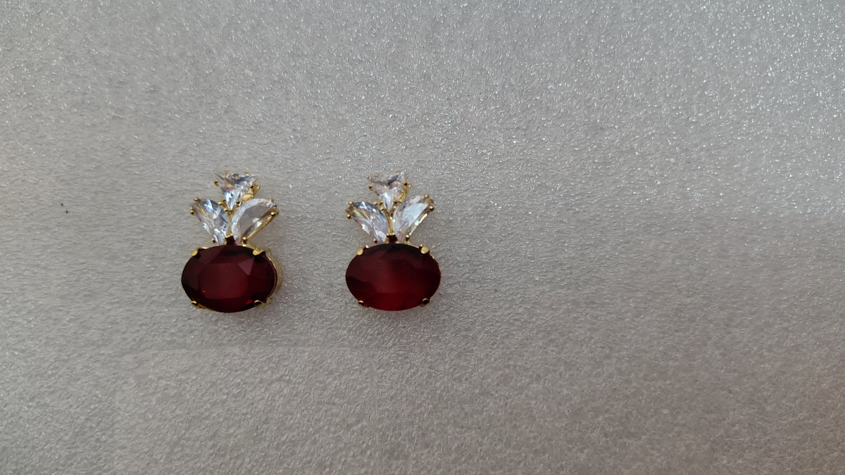 Ruby Red Oval Stone Crystal Marquise Stud Earrings - Front View