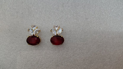 Ruby Red Oval Stone Crystal Marquise Stud Earrings - Front View