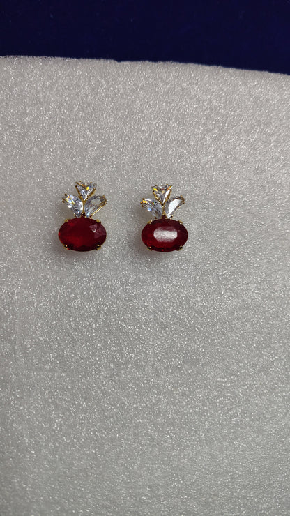 Ruby Red Oval Stone Crystal Marquise Stud Earrings - Side View