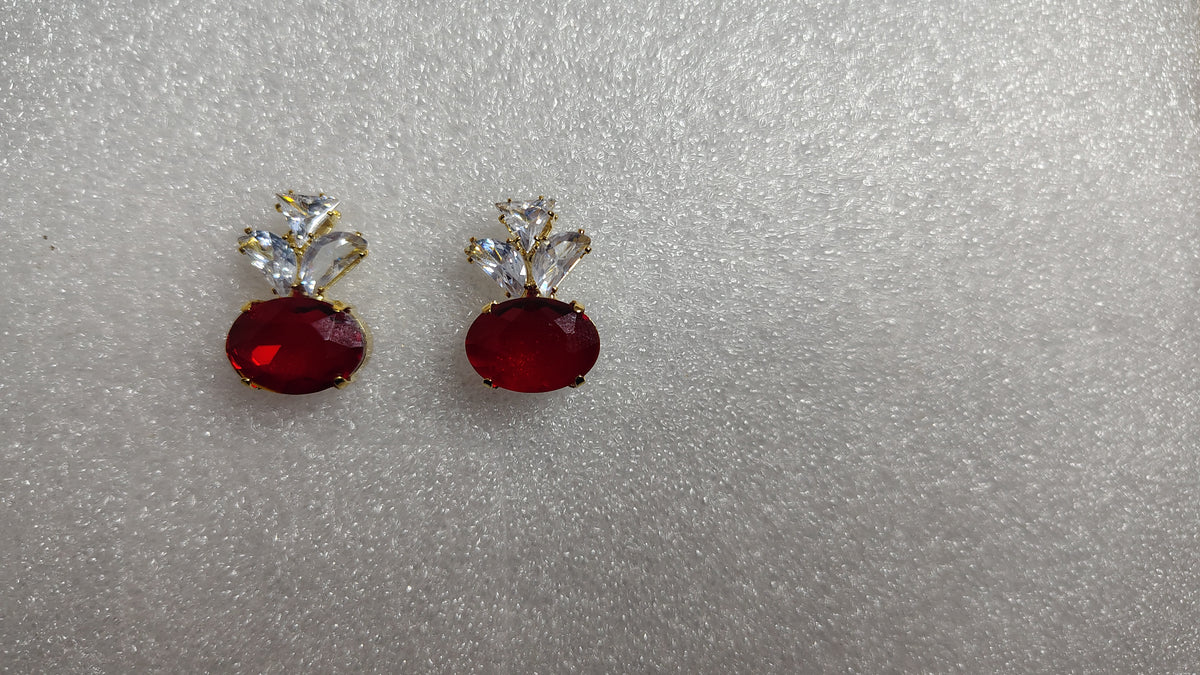 Ruby Red Oval Stone Crystal Marquise Stud Earrings - Angle View