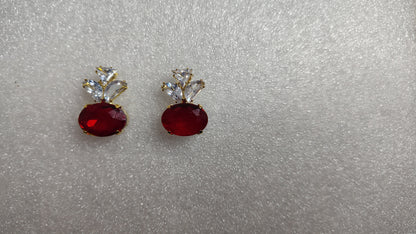 Ruby Red Oval Stone Crystal Marquise Stud Earrings - Angle View