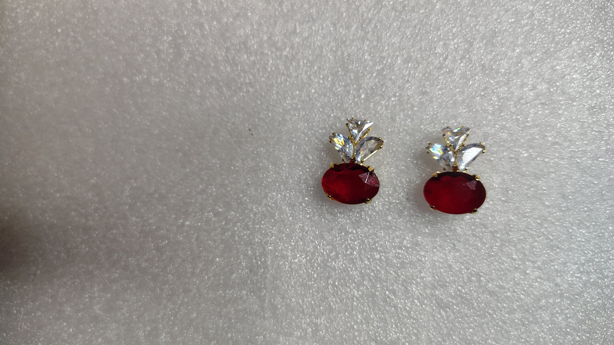 Ruby Red Oval Stone Crystal Marquise Stud Earrings - Close Up
