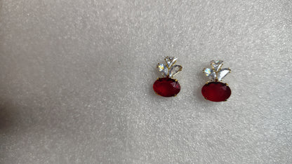 Ruby Red Oval Stone Crystal Marquise Stud Earrings - Close Up