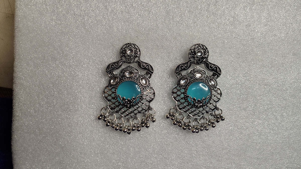 Turquoise Stone Oxidized Filigree Chandbali Earrings - Front View
