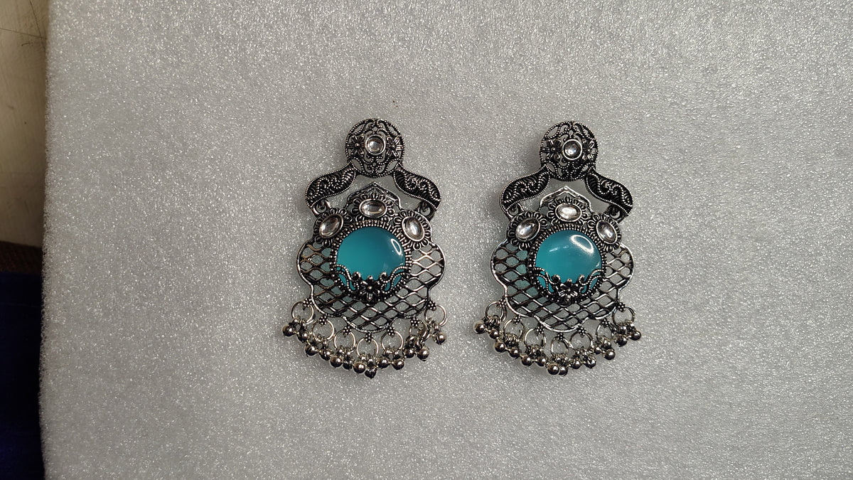 Turquoise Stone Oxidized Filigree Chandbali Earrings - Side View