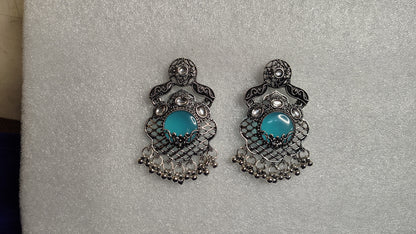 Turquoise Stone Oxidized Filigree Chandbali Earrings - Side View