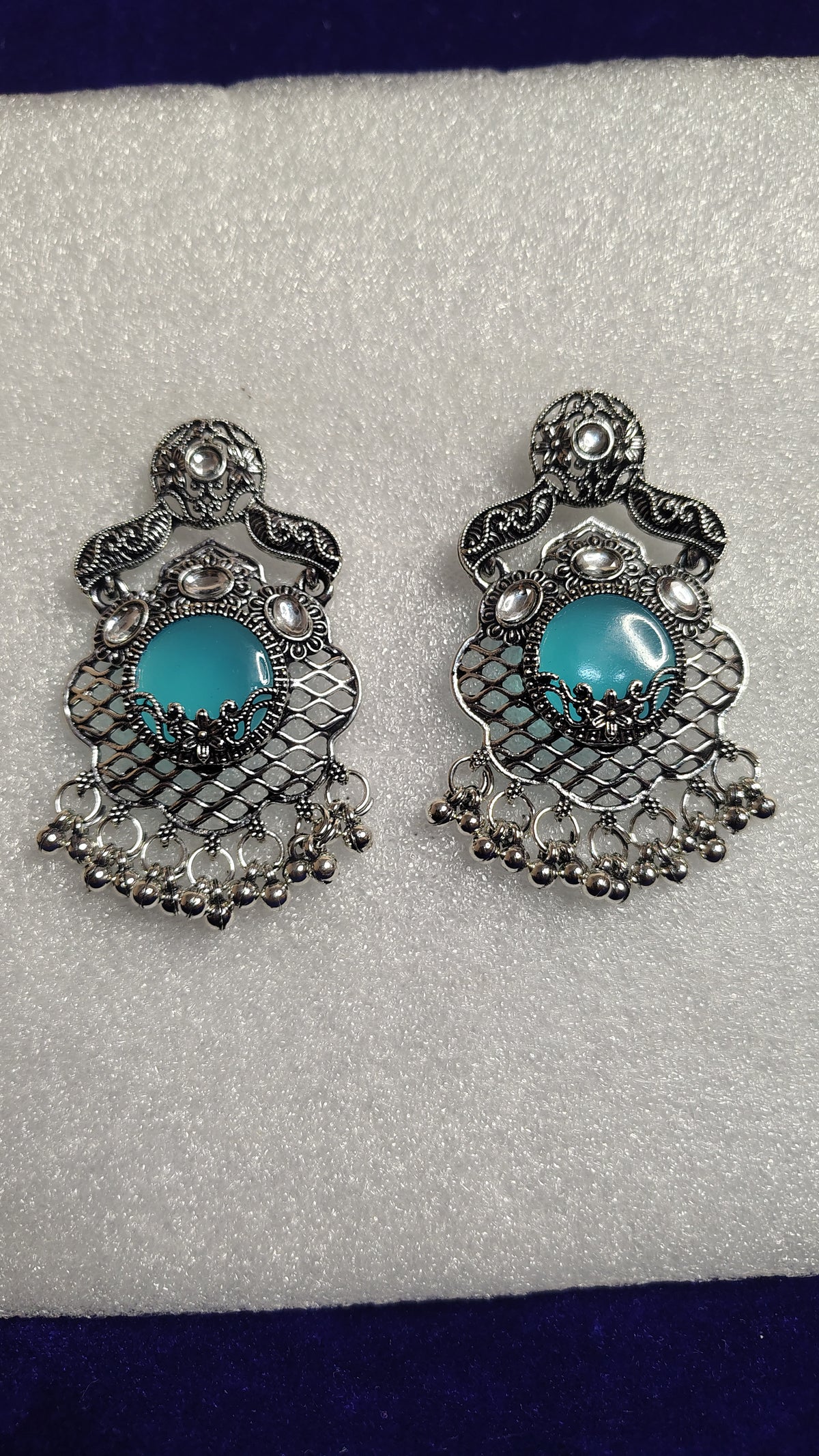 Turquoise Stone Oxidized Filigree Chandbali Earrings - Close Up