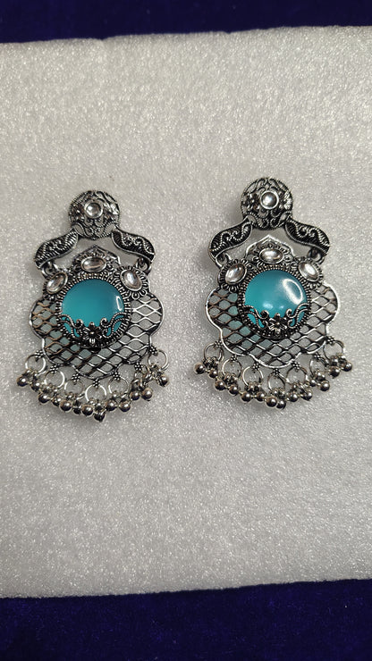 Turquoise Stone Oxidized Filigree Chandbali Earrings - Close Up