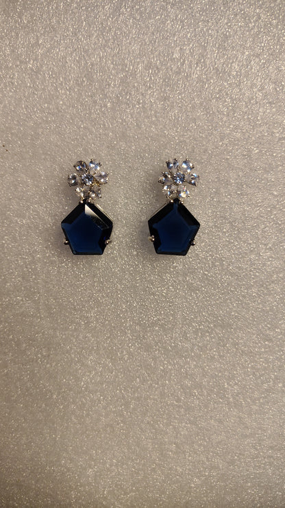 Navy Blue Pentagon Crystal Cluster Stud Earrings - Front View