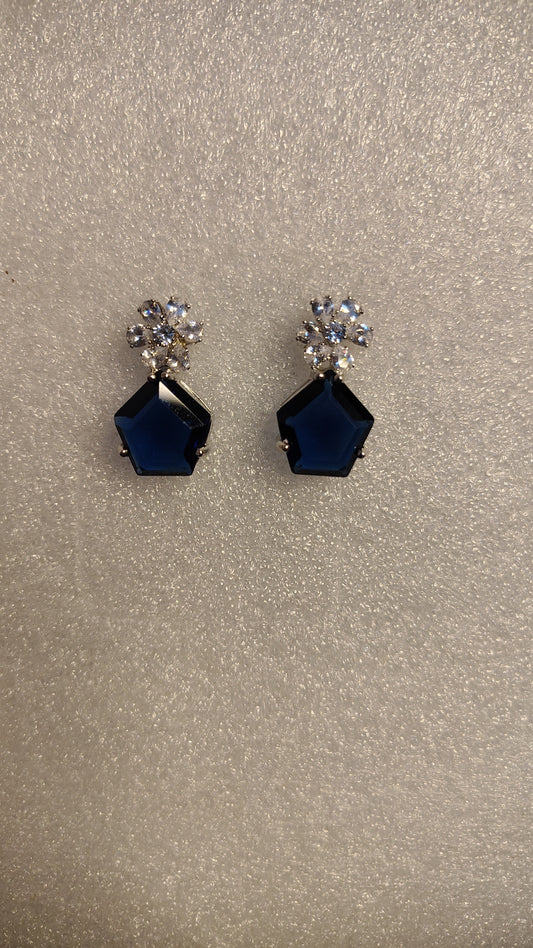 Navy Blue Pentagon Crystal Cluster Stud Earrings - Front View
