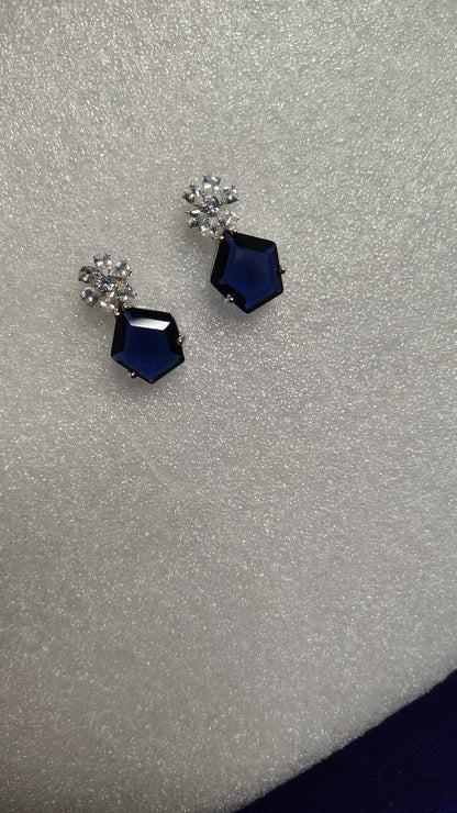 Navy Blue Pentagon Crystal Cluster Stud Earrings - Angle View