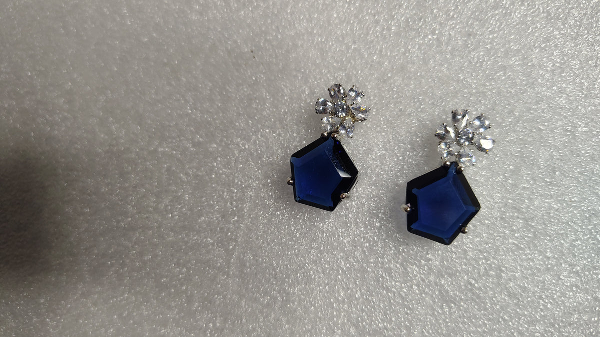 Navy Blue Pentagon Crystal Cluster Stud Earrings - Close Up