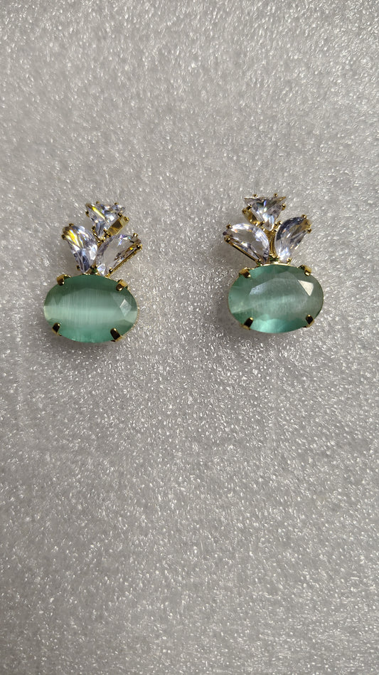 Mint Green Oval Cat's Eye Crystal Marquise Stud Earrings - Front View