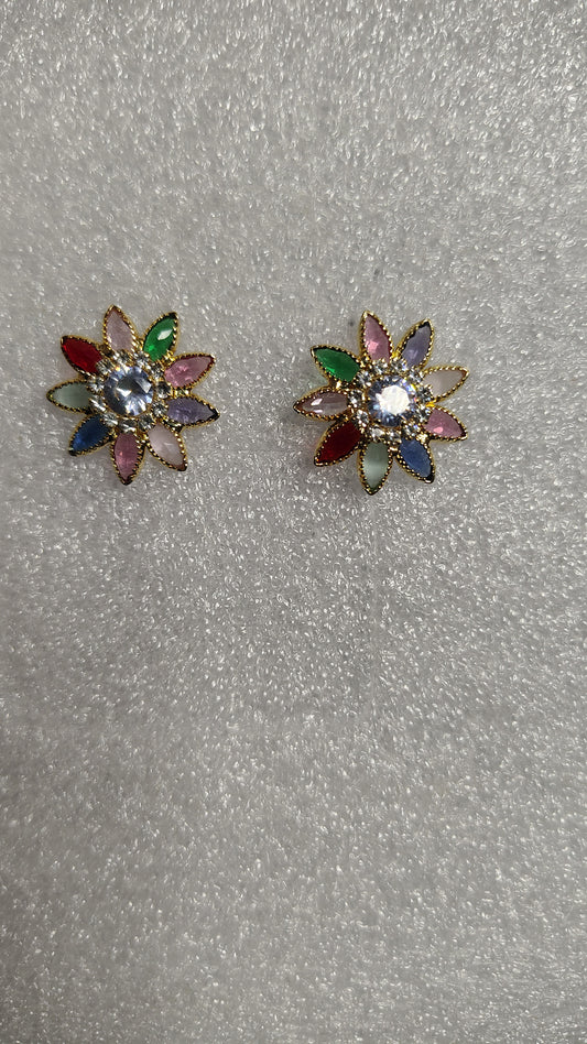 Multicolor Flower Petal Crystal Stud Earrings - Front View