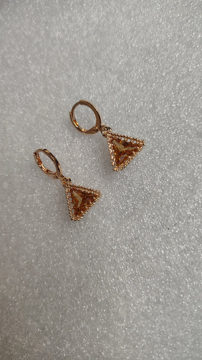 Rose Gold Champagne Triangle Crystal Hoop Drop Earrings - Close Up