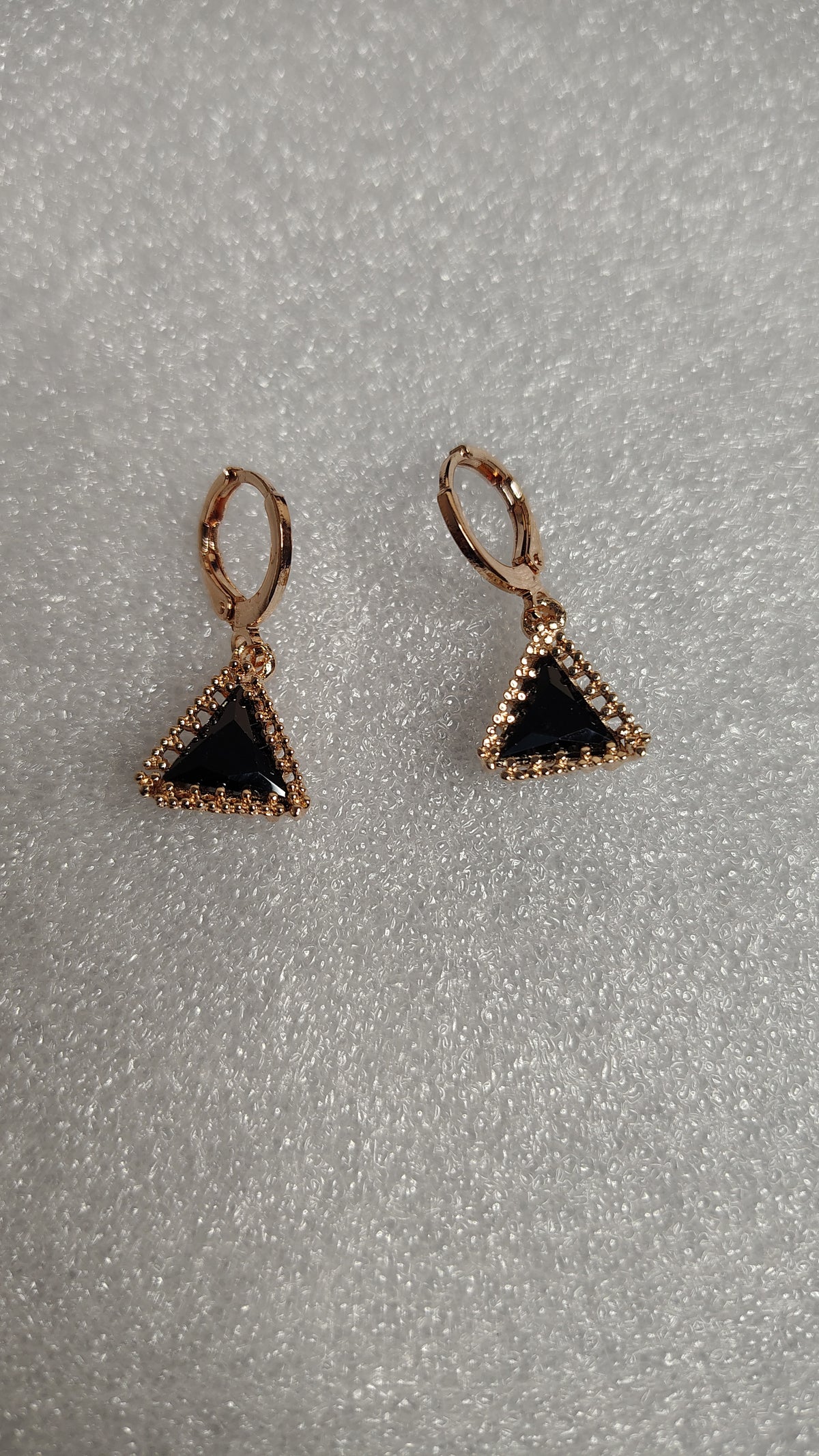 Black Triangle Crystal Rose Gold Hoop Drop Earrings - Front View