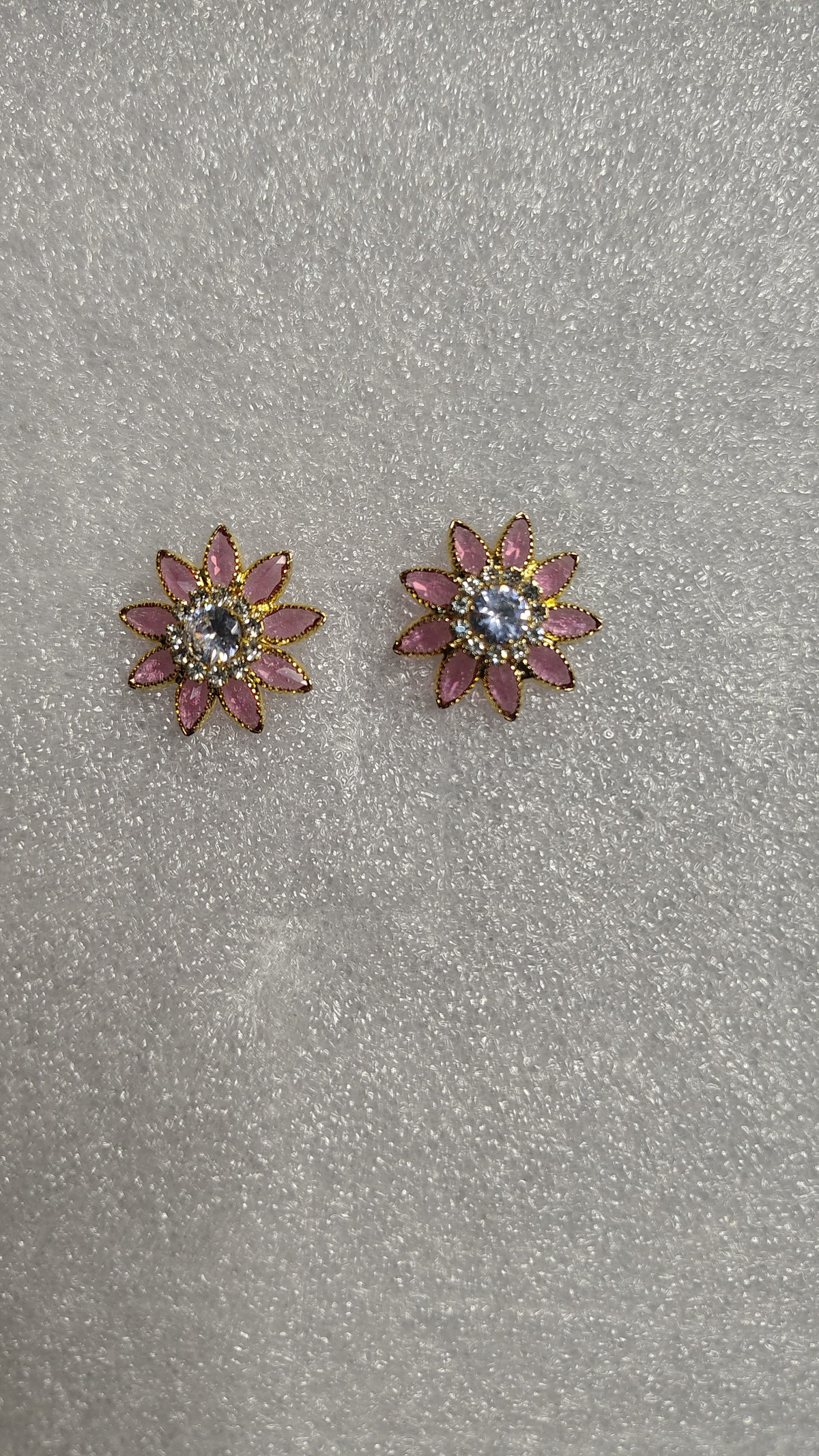 Pink Flower Petal Crystal Stud Earrings - Front View