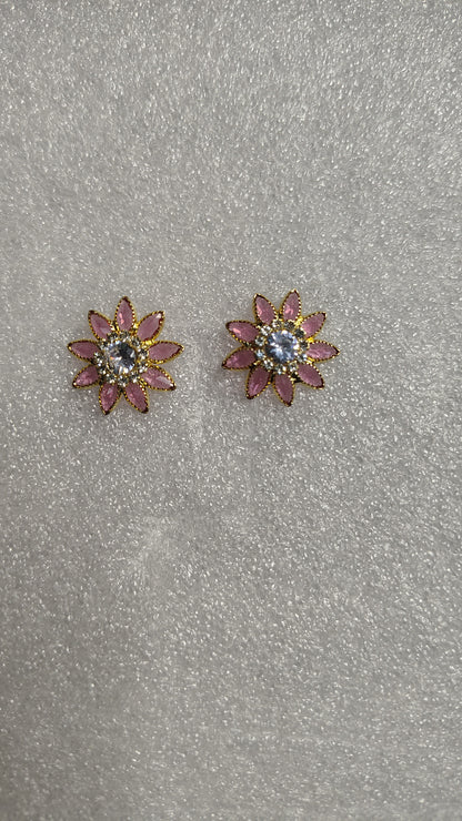 Pink Flower Petal Crystal Stud Earrings - Front View