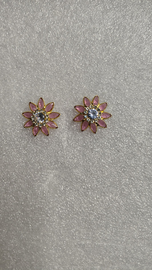 Pink Flower Petal Crystal Stud Earrings - Front View