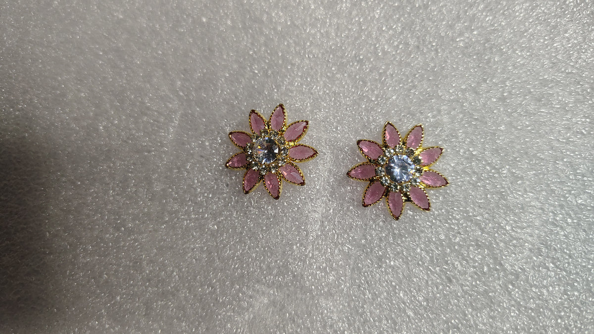 Pink Flower Petal Crystal Stud Earrings - Side View