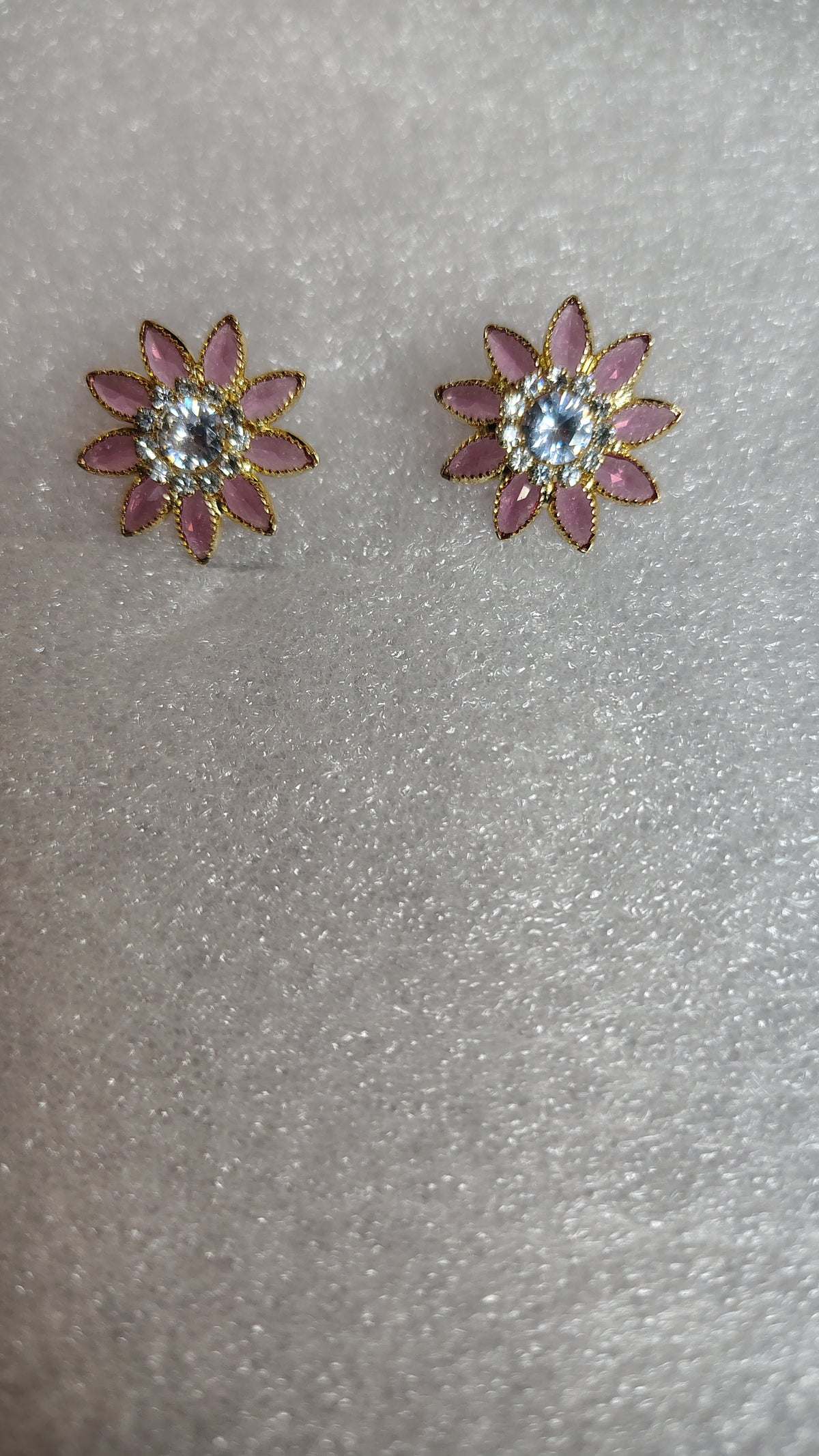 Pink Flower Petal Crystal Stud Earrings - Close Up