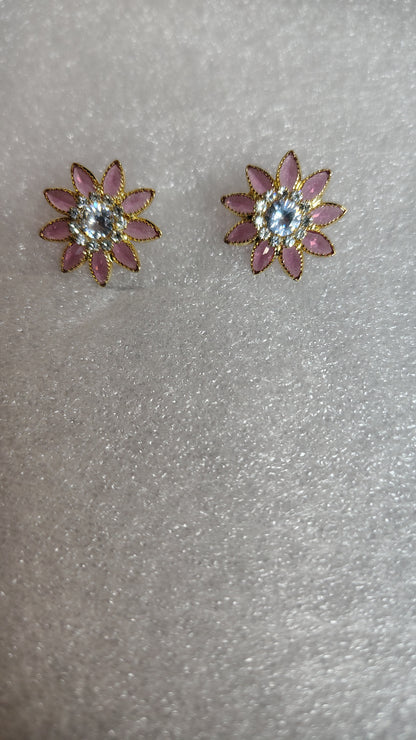 Pink Flower Petal Crystal Stud Earrings - Close Up