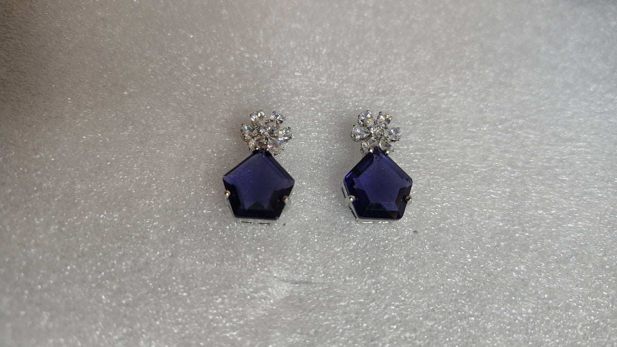 Purple Indigo Pentagon Crystal Cluster Stud Earrings - Front View