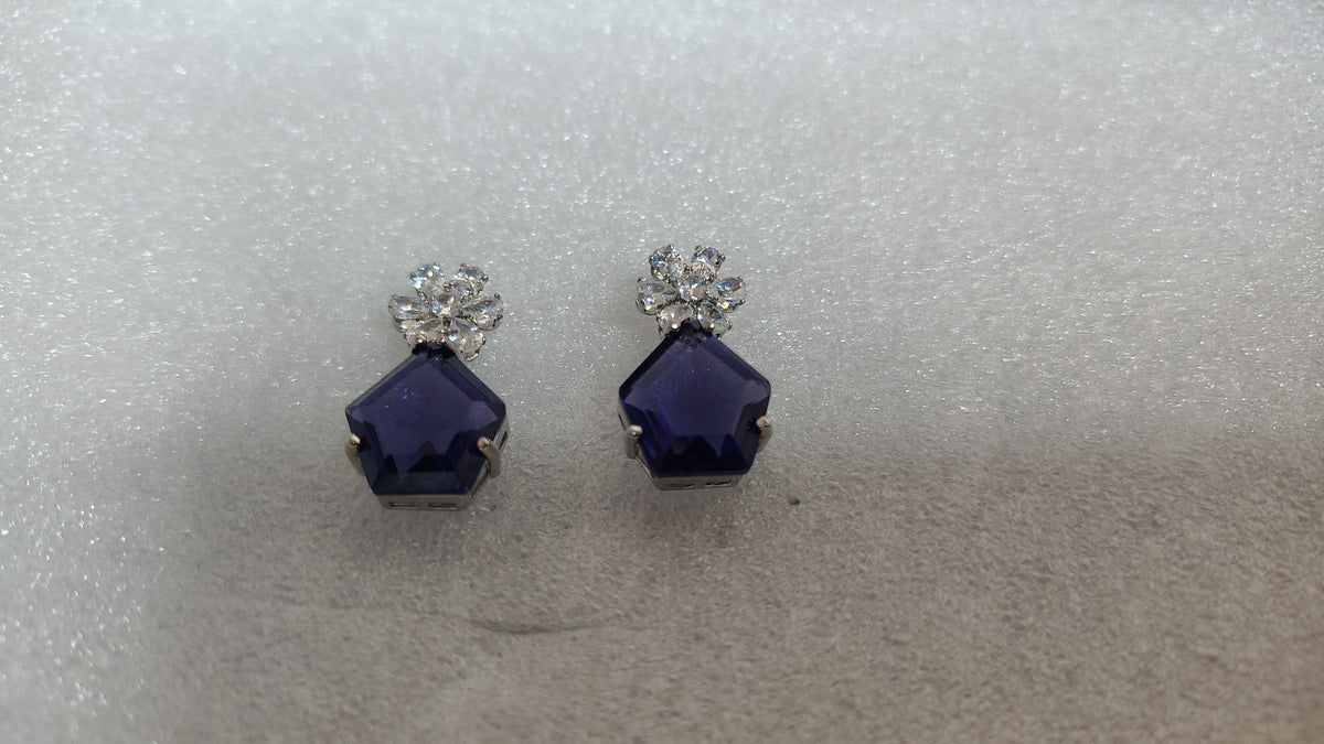 Purple Indigo Pentagon Crystal Cluster Stud Earrings - Detail View