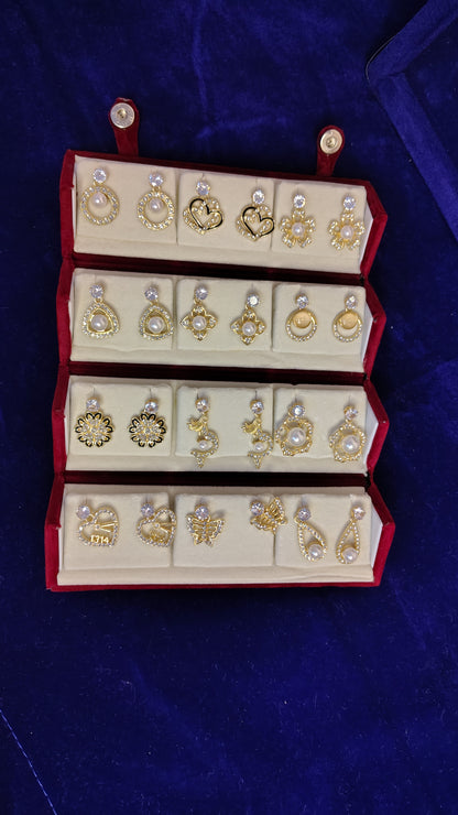 16 Pairs Pearl Crystal Gold Earring Set - Red Velvet Box Closed
