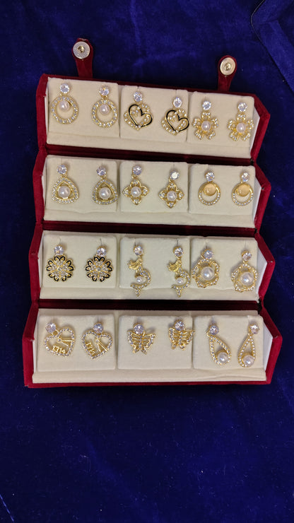 16 Pairs Pearl Crystal Gold Earring Set - All Designs View