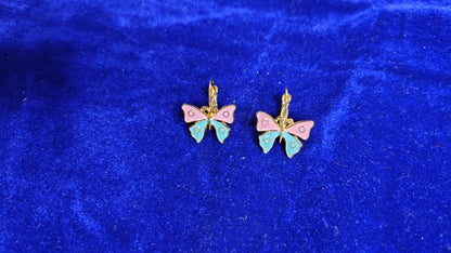 Pink Blue Enamel Butterfly Hoop Drop Earrings - Front View