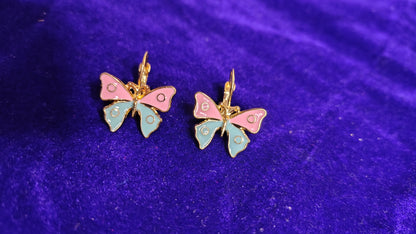 Pink Blue Enamel Butterfly Hoop Drop Earrings - Side View