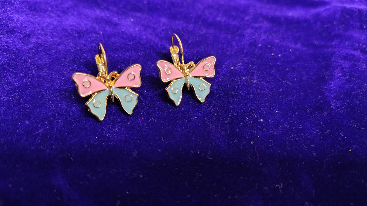 Pink Blue Enamel Butterfly Hoop Drop Earrings - Close Up