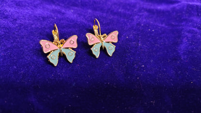 Pink Blue Enamel Butterfly Hoop Drop Earrings - Close Up