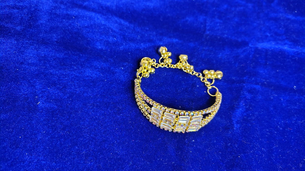 Kids Girls Crystal Baguette Gold Bracelet with Ghungroo - Front View