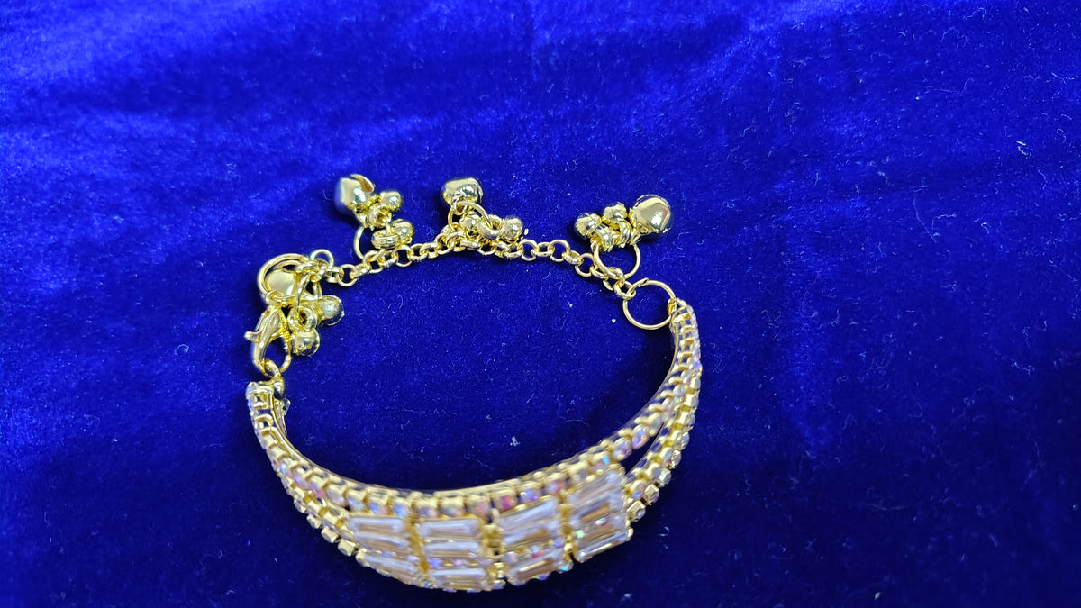 Kids Girls Crystal Baguette Gold Bracelet with Ghungroo - Close Up