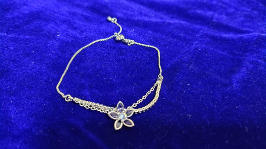 Silver Flower Charm Adjustable Double Chain Bracelet - Front View