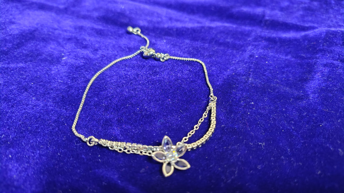 Silver Flower Charm Adjustable Double Chain Bracelet - Side View