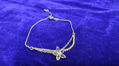 Silver Flower Charm Adjustable Double Chain Bracelet - Side View