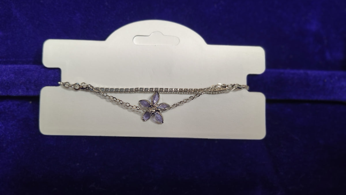 Purple Enamel Flower Silver Double Chain Bracelet