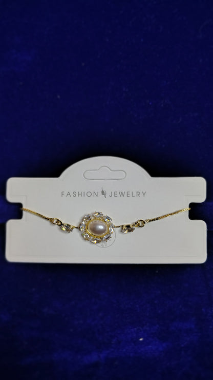 Pearl Crystal Halo Gold Chain Bracelet - Front View